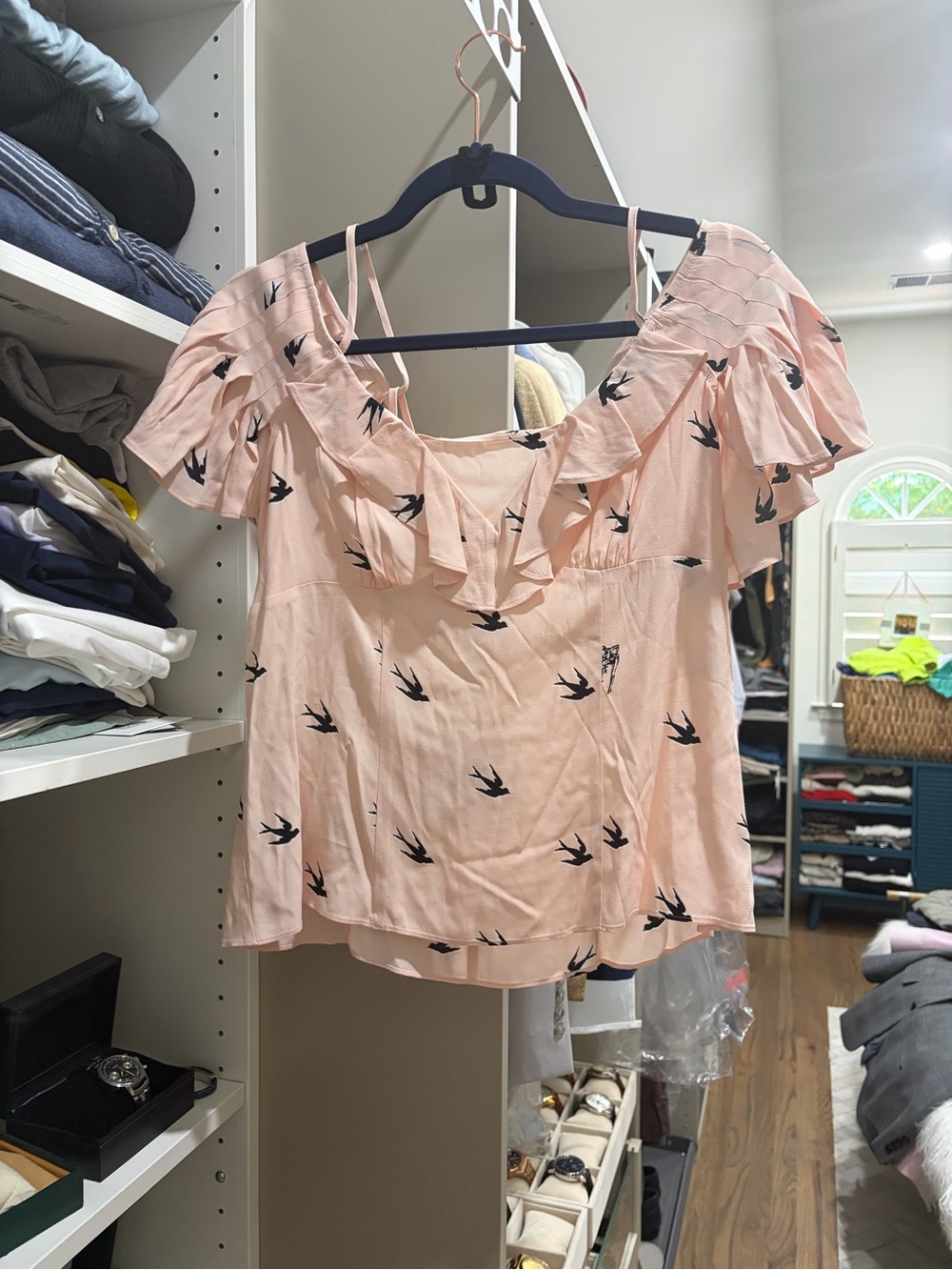 McQ by Alexander McQueen Pink Ruffle Off-Shoulder Bird-Print Top
